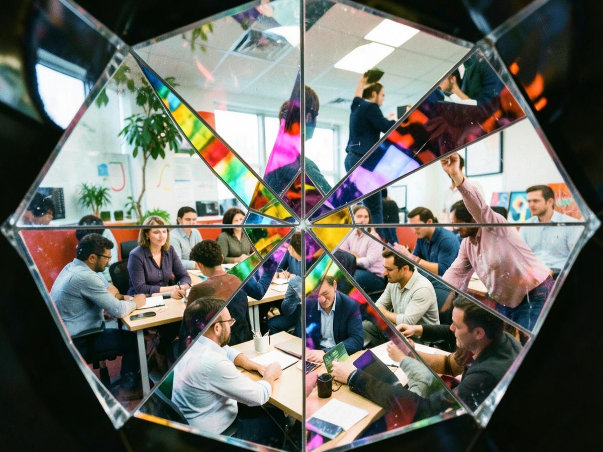 Farbstarke kaleidoskopische Porträtcollage mit vielen Blickwinkeln auf dieselbe Teamszene.