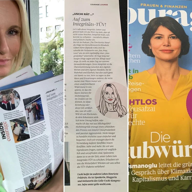 Henriette Frädrich mit dem COURAGE-Magazin und ihrer Uschi-Kolumne N°11 „Ab zum Integritäts-TÜV!“