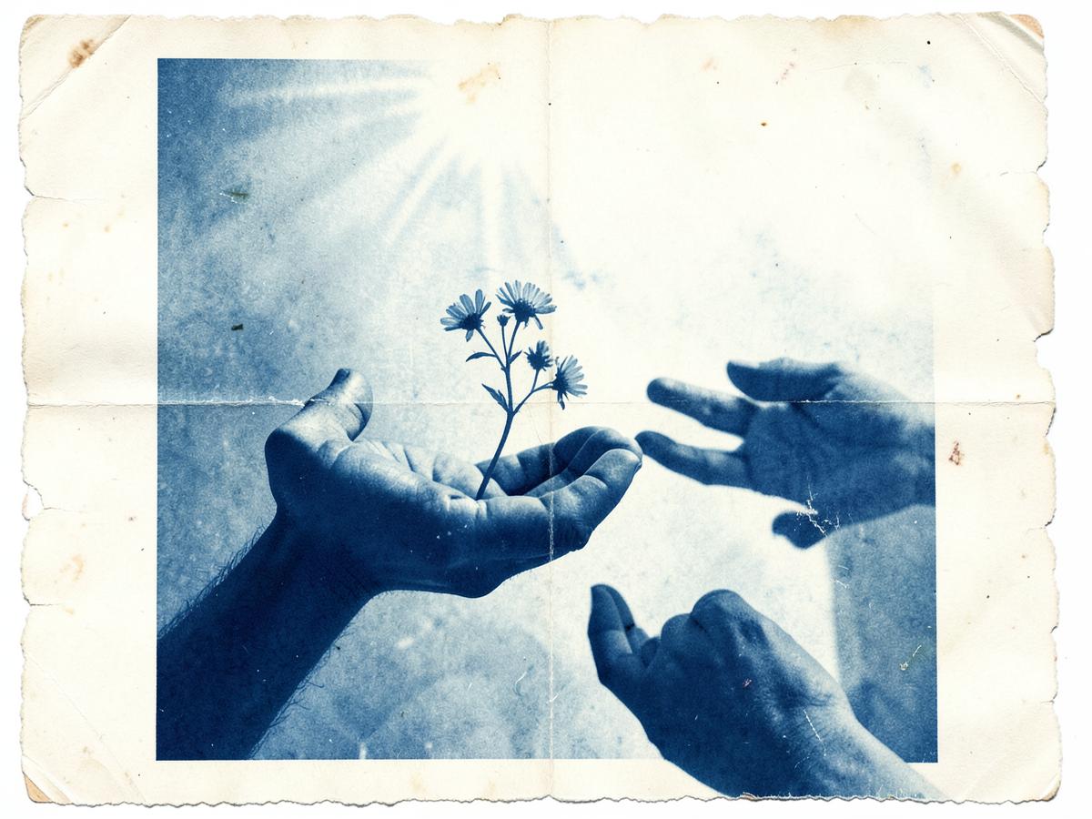Luftige Farbfotografie einer geöffneten Hand, aus der ein Papierobjekt in den weiten Himmel zieht.