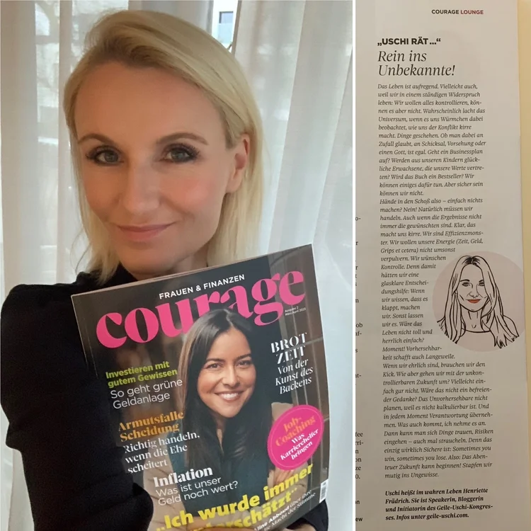 Henriette Frädrich mit der COURAGE-Ausgabe zur Uschi-Kolumne N°10 „Rein ins Unbekannte!“