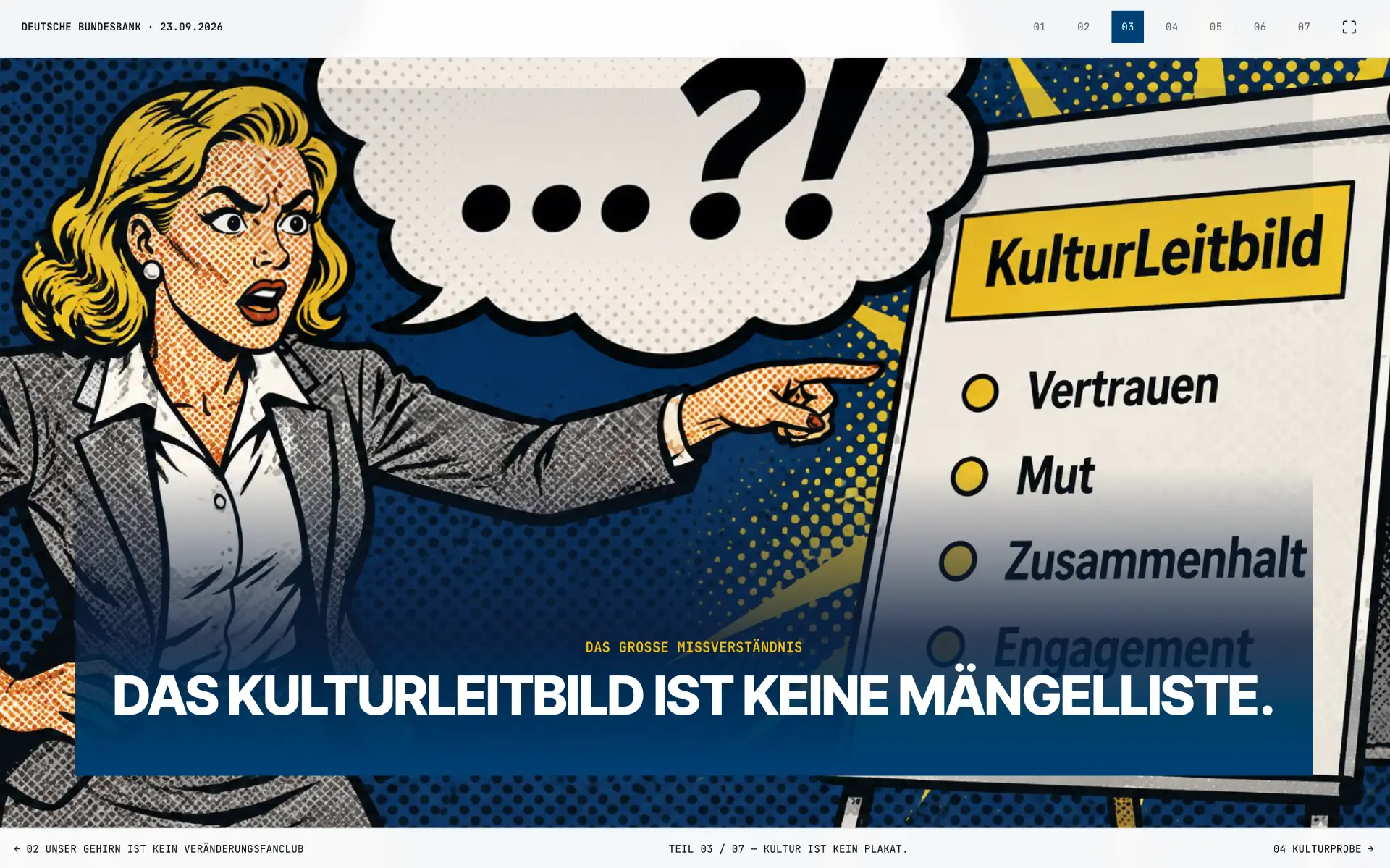 Präsentationsfolie im Comic-Stil: Das Kulturleitbild ist keine Mängelliste