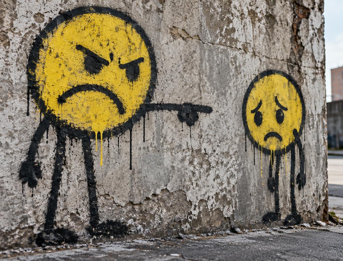 Streetart auf einer rauen Betonwand: Ein großes, motziges Smiley zeigt mit dem Finger auf ein kleineres, trauriges Smiley daneben.
