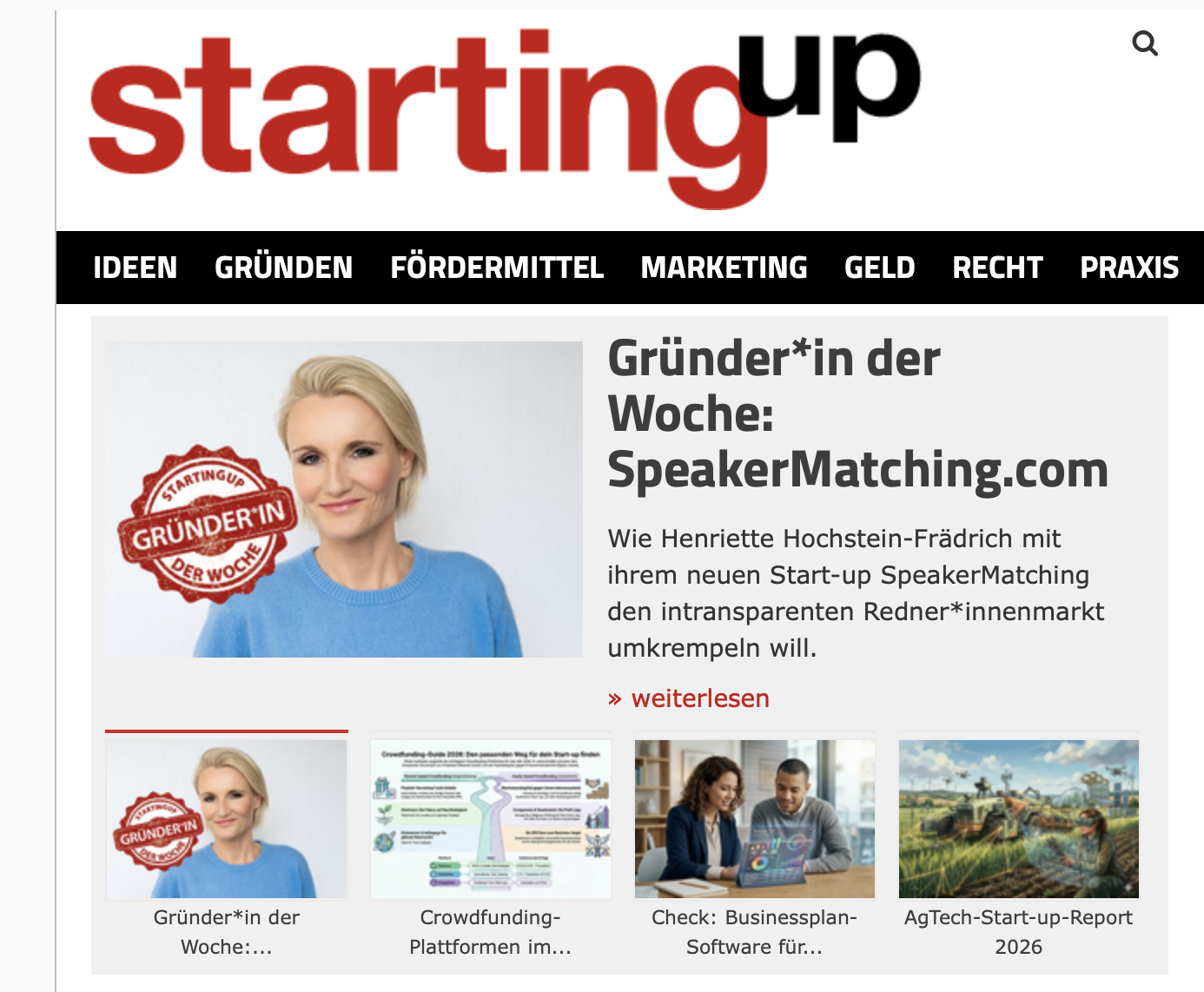 Gründerin Henriette Hochstein-Frädrich im Interview mit dem Gründermagazin StartingUp über SpeakerMatching.com