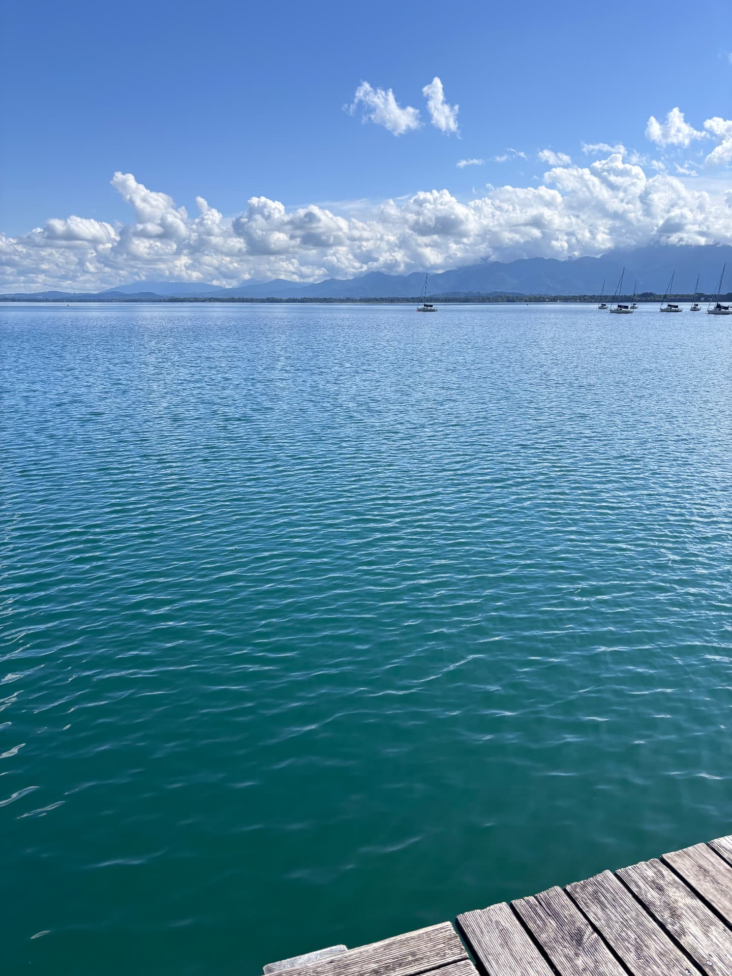 Blick vom Bootssteg über den Chiemsee auf die Berge — Schifffahrt nach dem Workshop