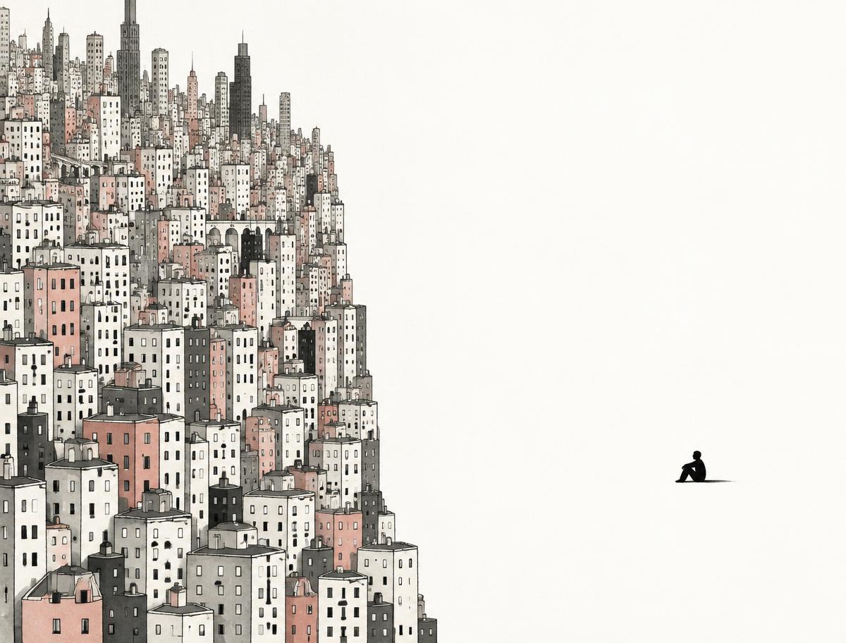 Minimalistische Illustration einer ruhigen Insel, umgeben von wilden typografischen Geräuschwellen.