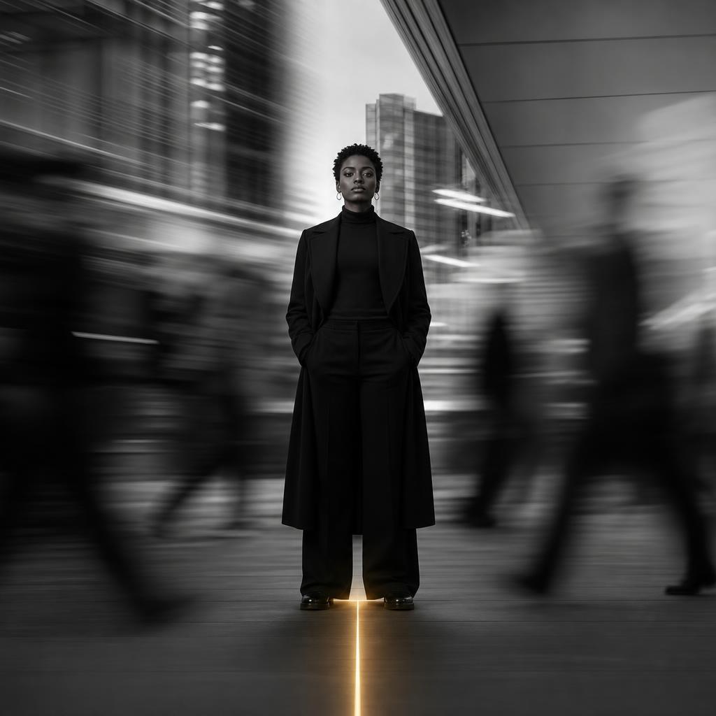 Cinematisches Schwarz-Weiß-Editorial-Foto: eine ruhige Führungsperson steht scharf im Zentrum, während die Welt um sie herum als eleganter Bewegungsunschärfe-Strom vorbeirauscht — ein einziger warm-goldener Lichtstrich verankert sie am Boden. Metapher für Stabilität, Orientierung und Leadership im Wandel.