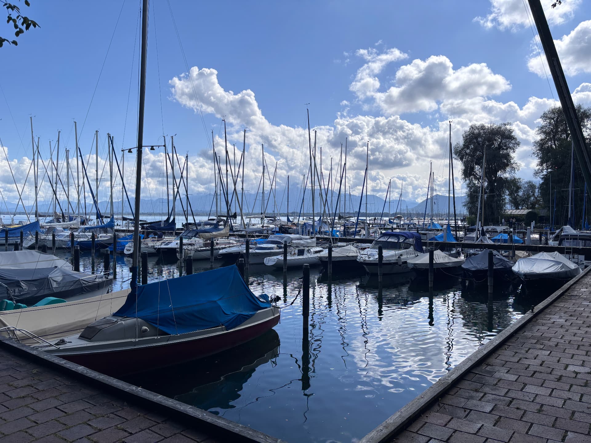 Segelboote im Hafen von Prien am Chiemsee vor der Alpenkulisse
