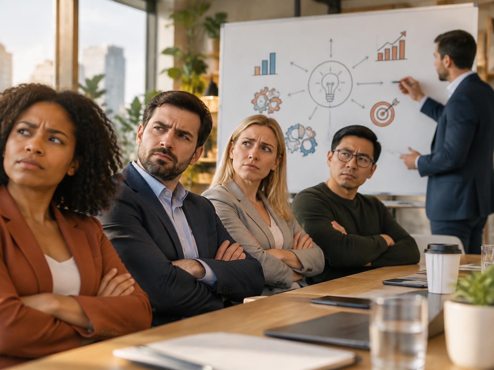 Menschen schauen auf ihre Smartphones, während hinter ihnen eine Strategietafel mit goldenem Pfeil hängt.