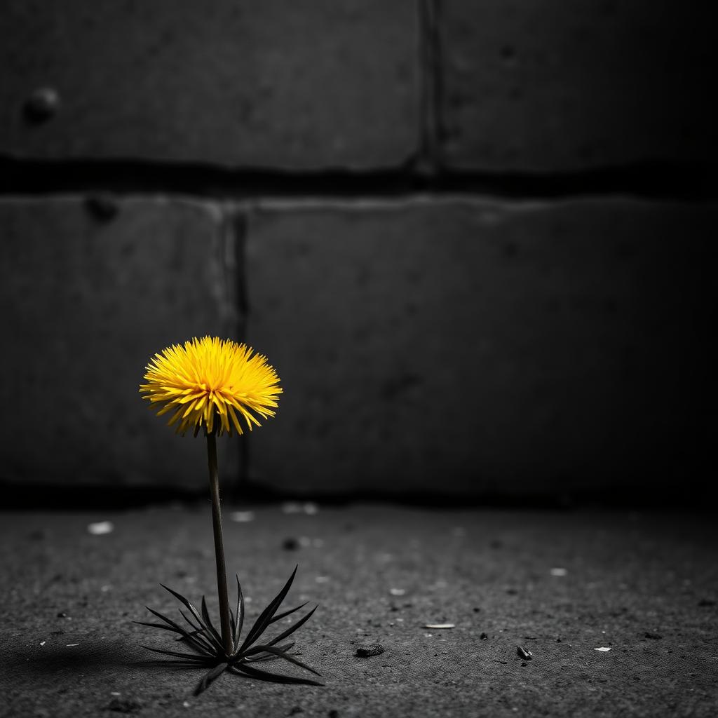 Cinematisches Schwarz-Weiß-Editorial: eine leuchtend gelbe Löwenzahnblüte wächst aus dunklem Betonboden vor grauer Mauer — die einzige Farbe im monochromen Bild als Metapher für Freude als Widerstand und Defensive Joy in dunklen Zeiten.