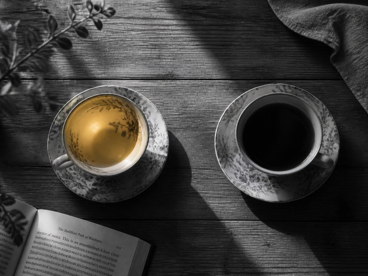 Cinematisches Schwarz-Weiß-Editorial-Stillleben von oben: zwei Porzellantassen auf Holztisch — eine leer, eine mit dunklem Tee gefüllt. Warmes goldenes Licht fällt in die leere Tasse und ist die einzige Farbe im monochromen Bild — Metapher für Enden und Anfänge.