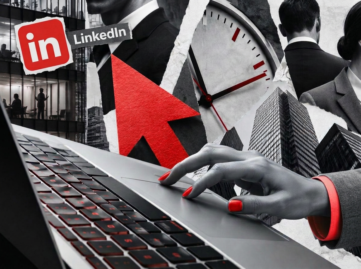Schwarzweiße Fotocollage mit rotem LinkedIn-Signet und Schriftzug, rotem Mauszeiger, Hand am Laptop-Trackpad, Zifferblatt und Bürohochhäusern – die digitale Raucherpause im Büroalltag.