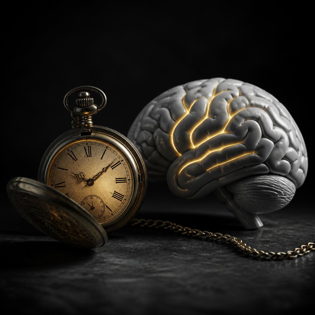 Cinematisches Schwarz-Weiß-Editorial-Stillleben: eine warm-goldene Vintage-Taschenuhr lehnt an einem anatomischen Gehirn-Modell, dessen Furchen in sanftem Gold leuchten — beide sind einzige Farbe im monochromen Bild, Metapher für Zeitdruck, kognitives Denken und den Raum, den echtes Nachdenken braucht.