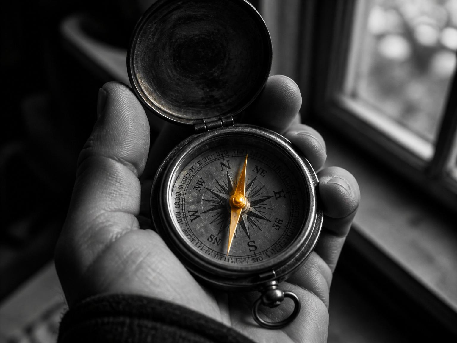 Cinematisches Schwarz-Weiß-Editorial-Foto: eine Hand hält einen alten Messing-Taschenkompass in weichem Fensterlicht. Die Kompassnadel glüht in warmem Gold — die einzige Farbe im monochromen Bild, Metapher für Orientierung und Selbstwirksamkeit im Wandel.
