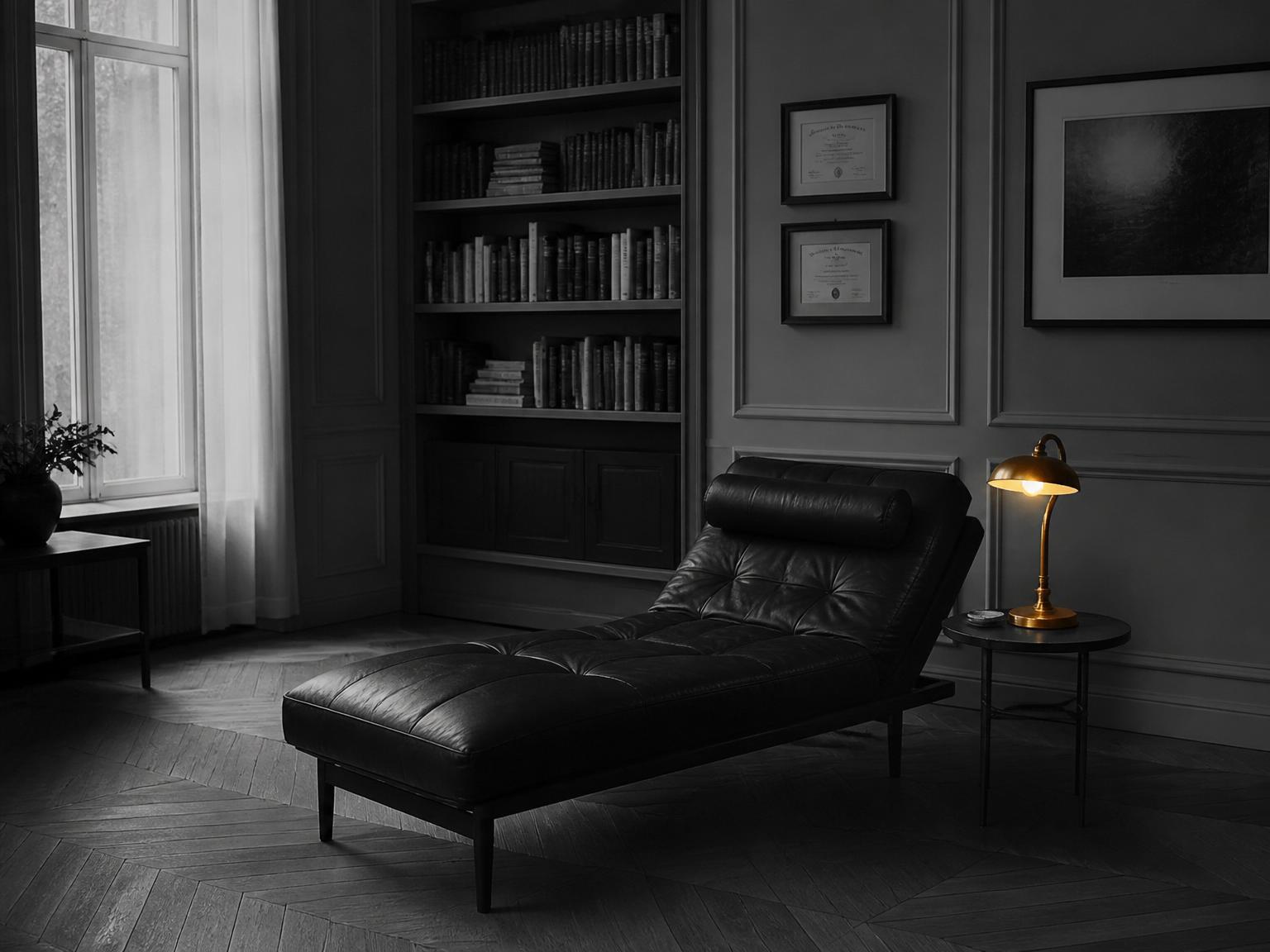 Cinematisches Schwarz-Weiß-Editorial-Foto: eine leere klassische Chaiselongue in einem ruhigen Raum mit Bücherwand, daneben eine warm leuchtende Messing-Tischlampe — das goldene Lampenlicht ist die einzige Farbe im monochromen Bild.