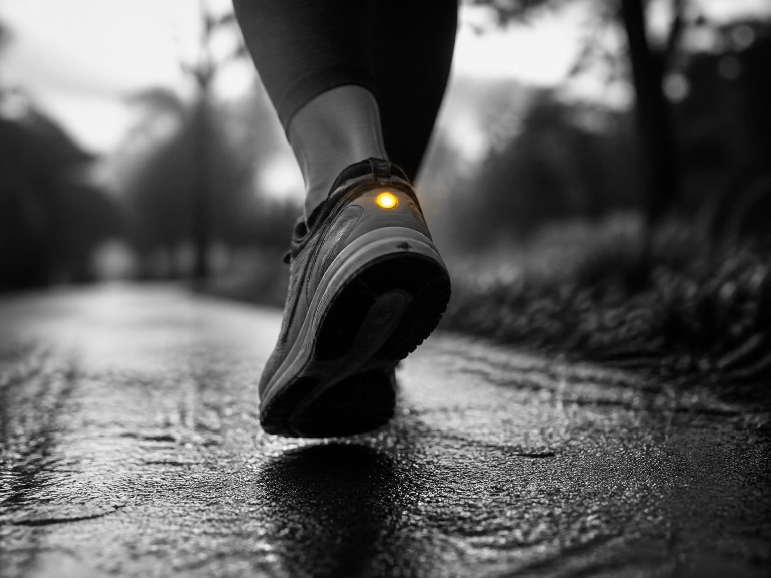 Cinematisches Schwarz-Weiß-Editorial-Foto in Nahaufnahme: ein Laufschuh in Bewegung auf nassem Asphalt, eine kleine warm-goldene LED an der Ferse glimmt — die einzige Farbe im monochromen Bild, Metapher für Fortschritt und Dopamin als Signal der Vorwärtsbewegung.