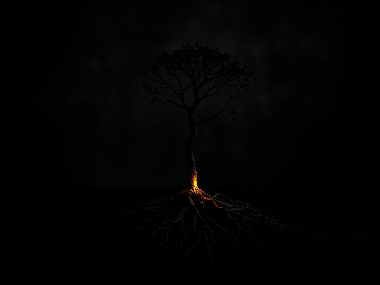 Cinematisches Schwarz-Weiß-Editorial: ein einzelner Baum mit tiefen Wurzeln und ausladender Krone silhouettiert vor tiefdunklem Hintergrund — der Stamm leuchtet warm-golden als einzige Farbe im monochromen Bild, Metapher für den Resilienzbaum mit Wurzeln, Stamm und Krone.
