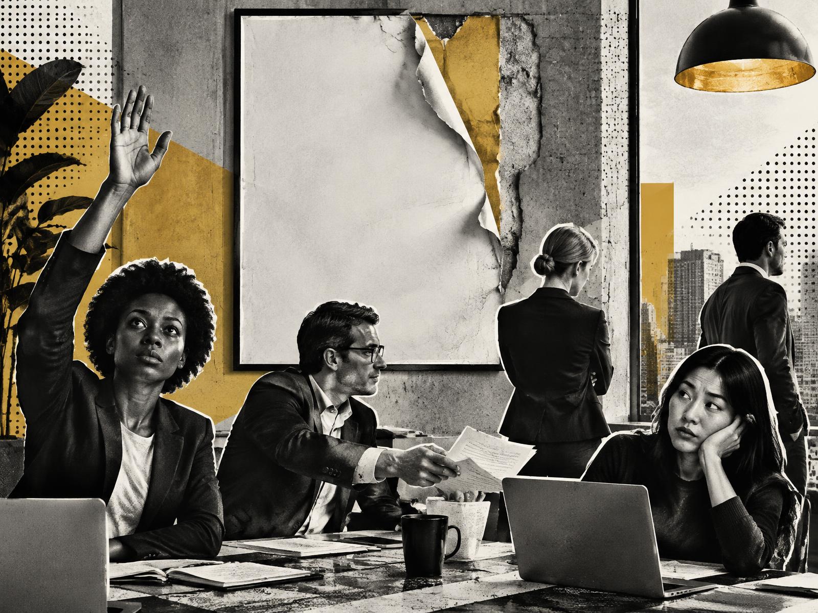 Schwarzweiße Pop-Art-Collage eines Büroteams vor einem aufgerissenen leeren Werteplakat mit warmen Goldakzenten – Sinnbild für gelebte Unternehmenskultur.