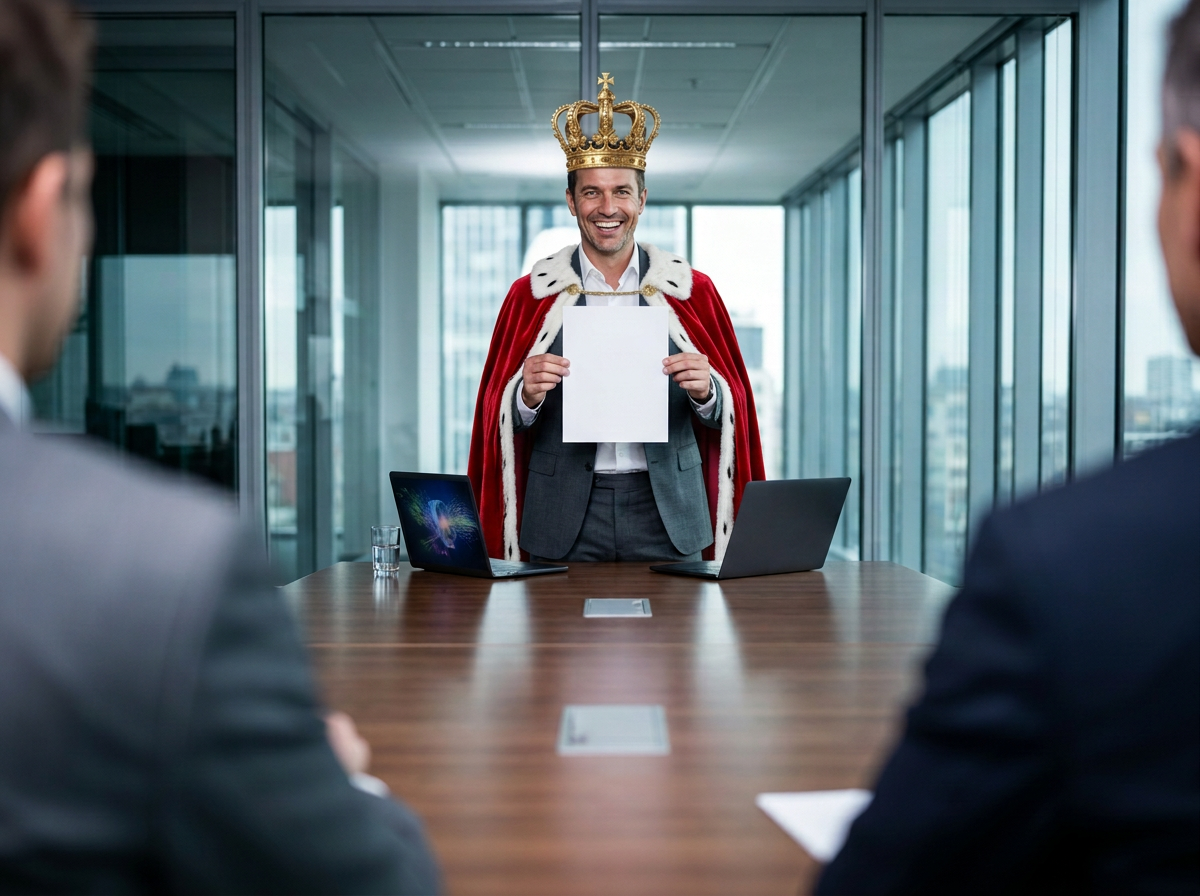 Selbstbewusster Manager mit goldener Krone und rotem Kaisermantel präsentiert in einer modernen Besprechung ein leeres Blatt Papier.
