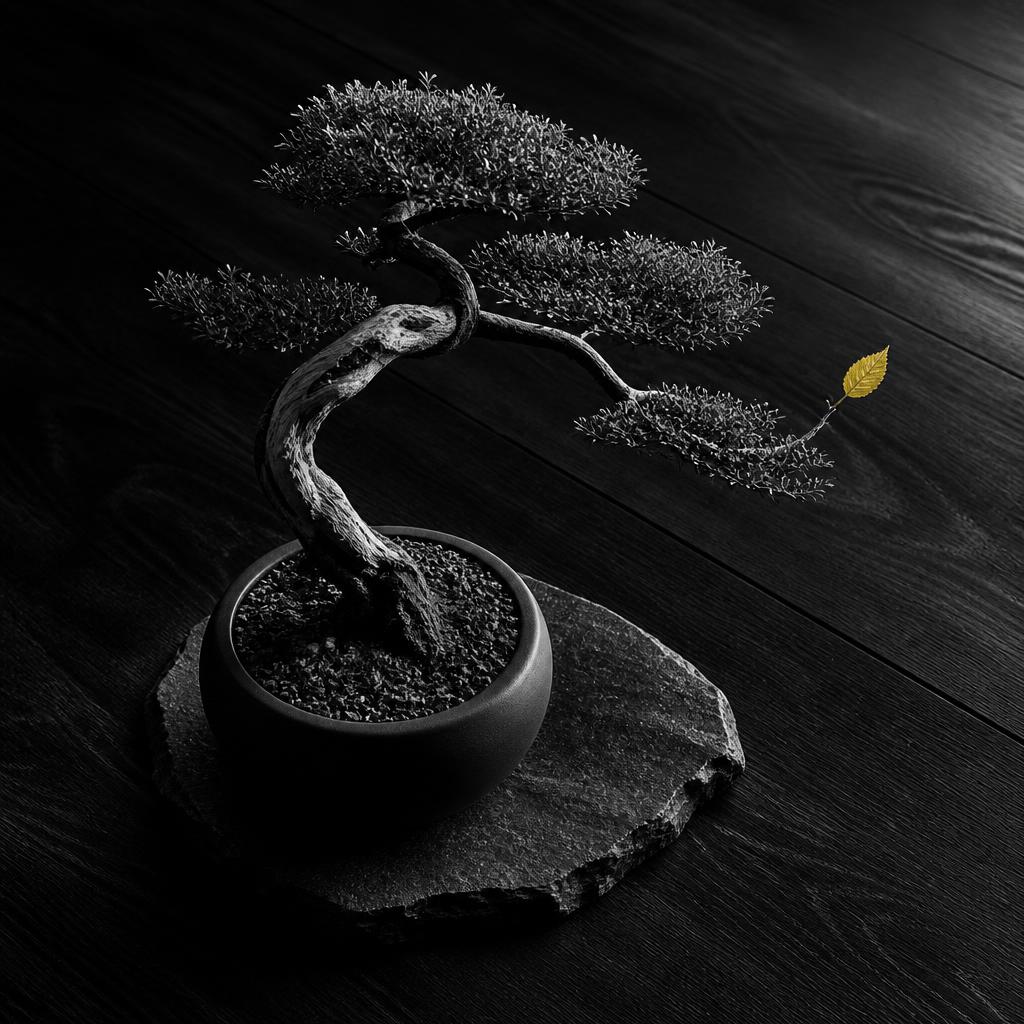 Cinematisches Schwarz-Weiß-Editorial-Stillleben auf dunklem Holz: ein kleiner Bonsai, dessen Stamm sich elegant zur Seite biegt wie im Wind, ein einzelnes Blatt an der Spitze leuchtet warm-golden — die einzige Farbe im monochromen Bild, Metapher für Wandel und Anpassung statt endlosem Wachstum.